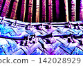 The traditional materials of ancient dwellings, including wooden frameworks and rope decorations, shine with a bluish-purple glow. 142028929