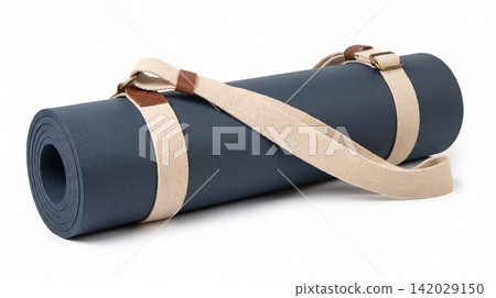 Rolled dark blue fitness yoga mat with carrying strap exercise carrying equipment training stretching wellness accessory portable athletic textured physical activity lifestyle minimalist Rolled dark blue fitness yoga mat with carrying strap exercise carrying equipment training stretching wellness accessory portable athletic textured physical activity lifestyle minimalist 142029150