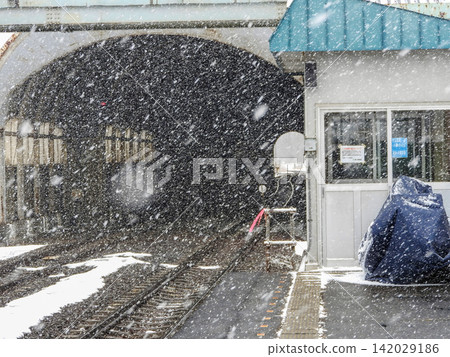 A train station platform and snow shelter (tunnel) in a snowy region during a fierce blizzard [Former Jusanri Station, Sekisho Line] 142029186