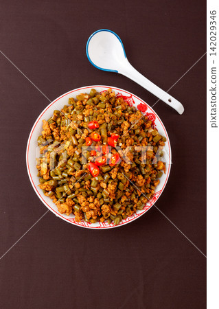 stir Fried Minced Pork with Pickled Beans Chinese Dish stir Fried Minced Pork with Pickled Beans Chinese Dish 142029346