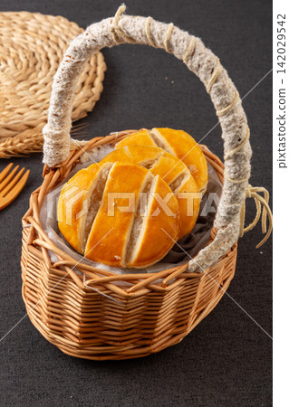 traditional Chinese Sweetheart Cake Pastry Sliced on Plate traditional Chinese Sweetheart Cake Pastry Sliced on Plate 142029542