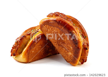 grilled Meat Patty Sandwich Bun with Herbs 142029623