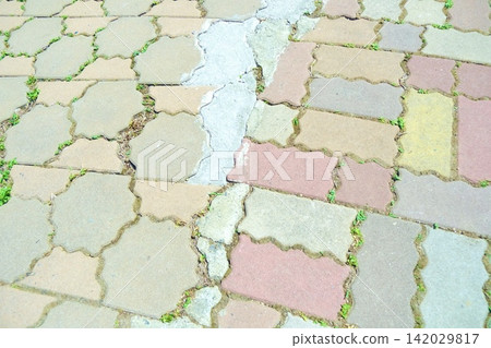 Cracked interlocking pavement and a weed-covered sidewalk in the background. Cracked interlocking pavement and a weed-covered sidewalk in the background. 142029817