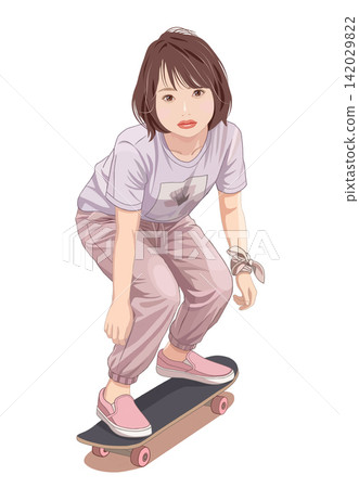 一幅女孩酷滑板的插圖。 一幅女孩酷滑板的插圖。 142029822