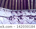 The woven wooden walls and rope decorations of the ancient dwelling are illuminated in a soft purple light. 142030184