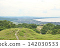 A panoramic view from the hilltop overlooking ancient dwellings and the coastal town. 142030533