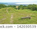 A panoramic view of the seaside town from a bench on a hill. 142030539
