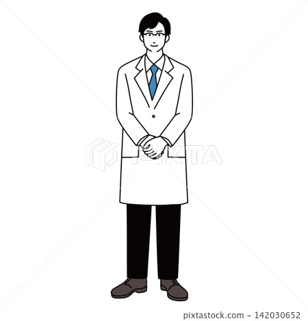 An illustration of a male doctor in a white coat standing with his hands clasped. An illustration of a male doctor in a white coat standing with his hands clasped. 142030652