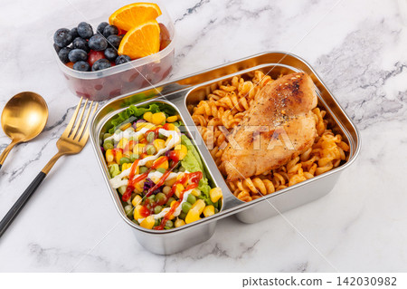 pasta with Fruits and Nuts Meal Box Food Dish pasta with Fruits and Nuts Meal Box Food Dish 142030982