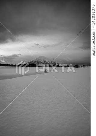 The crisp, cold air permeates the snowy landscape of Hokkaido, with Mount Yotei towering above and a clear stream flowing through it creating a striking winter scene. The crisp, cold air permeates the snowy landscape of Hokkaido, with Mount Yotei towering above and a clear stream flowing through it creating a striking winter scene. 142031379