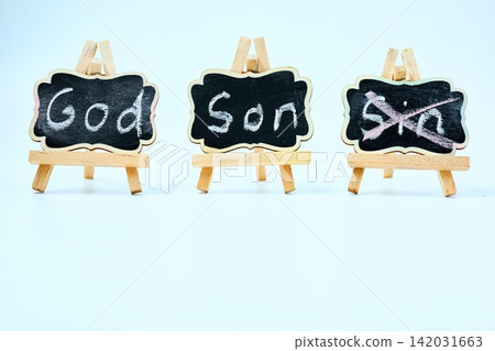 Three Chalk Blackboards God Son Crossout Sin. Three Chalk Blackboards God Son Crossout Sin. 142031663