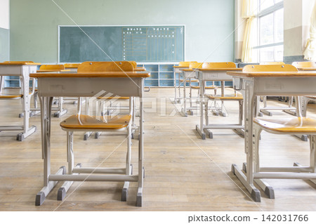 Desks and teacher's desks lined up in an old Japanese elementary (junior high) classroom. Desks and teacher's desks lined up in an old Japanese elementary (junior high) classroom. 142031766