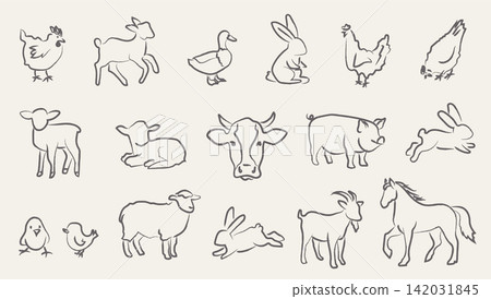 Sketchy hand drawn farm animal characters with textured ink outlines. Rustic pastel livestock poultry drawings for education, packaging, branding, nursery. Vector illustration isolated on background. Sketchy hand drawn farm animal characters with textured ink outlines. Rustic pastel livestock poultry drawings for education, packaging, branding, nursery. Vector illustration isolated on background. 142031845