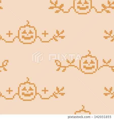Gothic cross stitch Halloween seamless pattern. Boho embroidery folk art texture. Repeatable pumpkin and vine garland motif on backdrop for digital scrapbooking, autumn textiles, and eerie design. Gothic cross stitch Halloween seamless pattern. Boho embroidery folk art texture. Repeatable pumpkin and vine garland motif on backdrop for digital scrapbooking, autumn textiles, and eerie design. 142031855