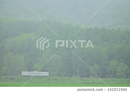A Series H100 train running along the foggy Nemuro Main Line. 142031998