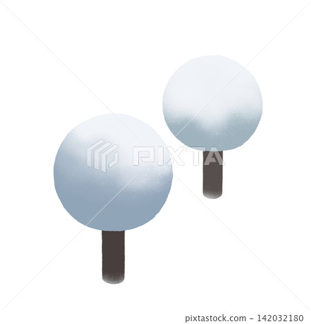 手繪插圖，描繪了一棵被雪覆蓋的圓形樹木。 142032180