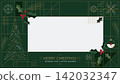 Merry Christmas calligraphy with abstract geometric elements and blank rectangular frame on green background modern retro style horizontal template 142032347