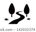 A pictogram depicting an autumn scene with a path and maple leaves. 142032374