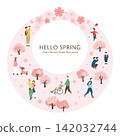 人們欣賞櫻花和春天的插圖（粉紅色圓形邊框） 142032744