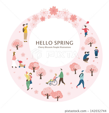 Illustration of people enjoying cherry blossoms and spring (pink circular frame) Illustration of people enjoying cherry blossoms and spring (pink circular frame) 142032744