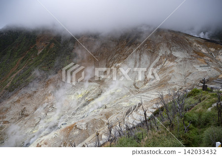 The impressive fumaroles and mountain slopes of Hakone's Owakudani: A spectacular volcanic landscape. The impressive fumaroles and mountain slopes of Hakone's Owakudani: A spectacular volcanic landscape. 142033432