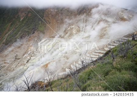 箱根大涌谷壯觀的噴射孔和山坡：壯觀的火山景觀。 142033435