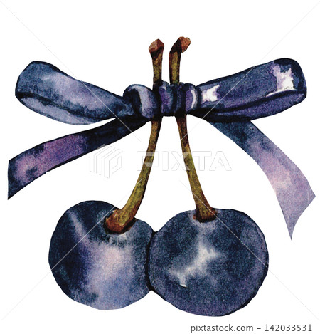 Dark Blue Cherries with Ribbon Halloween Illustration Dark Blue Cherries with Ribbon Halloween Illustration 142033531