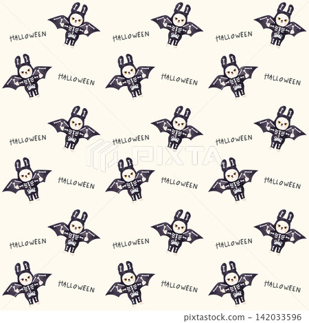 Halloween Watercolor Rabbit Pattern with Skeleton Costume and Bat Wing Halloween Watercolor Rabbit Pattern with Skeleton Costume and Bat Wing 142033596