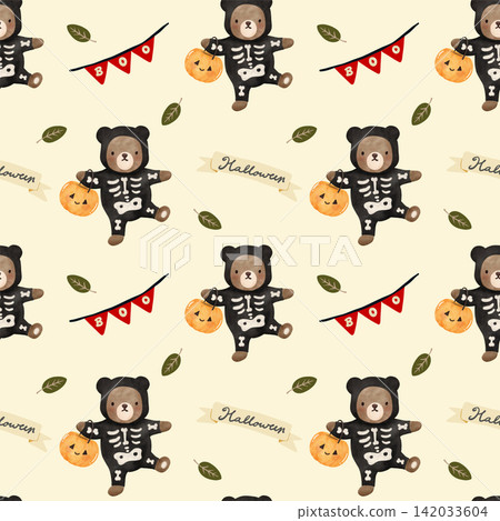 Halloween Seamless Bear Pattern with Skeleton Costume, Pumpkin Bucket and Boo Bunting Halloween Seamless Bear Pattern with Skeleton Costume, Pumpkin Bucket and Boo Bunting 142033604