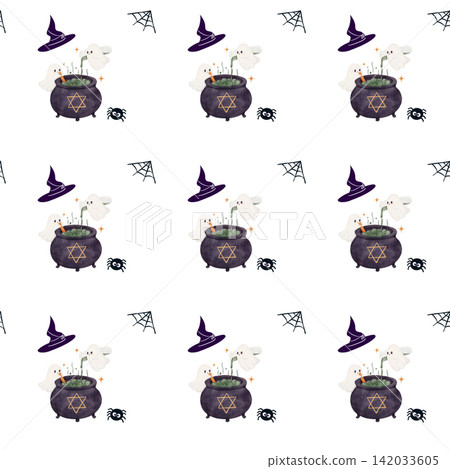 Halloween Watercolor Ghost Cauldron Pattern with Bubbling Potion, Witch Hat and Spider Halloween Watercolor Ghost Cauldron Pattern with Bubbling Potion, Witch Hat and Spider 142033605