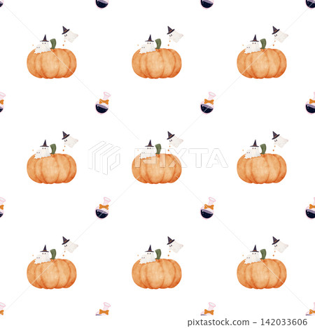 Halloween Watercolor Ghost Pumpkin Pattern with Witch Hat, Magic Potion and Cute Whimsy Halloween Watercolor Ghost Pumpkin Pattern with Witch Hat, Magic Potion and Cute Whimsy 142033606
