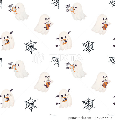 Halloween Watercolor Ghost Seamless Pattern with Ghost Detective Magnifier Tumbler and Retro Camera Halloween Watercolor Ghost Seamless Pattern with Ghost Detective Magnifier Tumbler and Retro Camera 142033607
