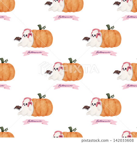 Halloween Watercolor Ghost Seamless Pattern with Pumpkin, Headphones and Halloween Banner Halloween Watercolor Ghost Seamless Pattern with Pumpkin, Headphones and Halloween Banner 142033608