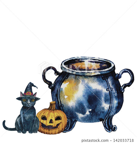 Halloween Cauldron with Pumpkin and Mystical Decorations Watercolor Illustration 142033718