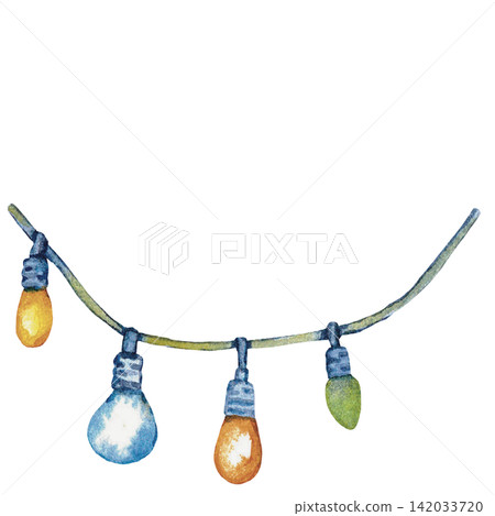 Halloween String Lights Watercolor Illustration with Colorful Autumn Decorations Halloween String Lights Watercolor Illustration with Colorful Autumn Decorations 142033720