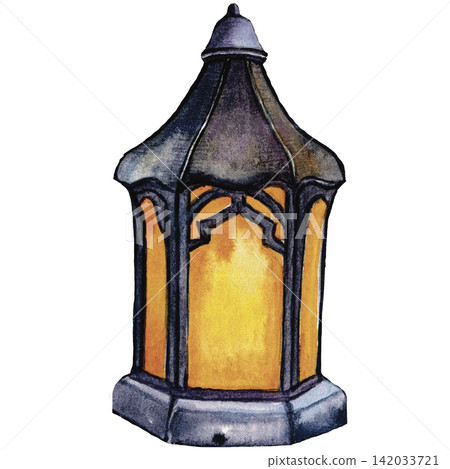 Gothic Halloween Lantern Watercolor Illustration with Dark Vintage Style Gothic Halloween Lantern Watercolor Illustration with Dark Vintage Style 142033721