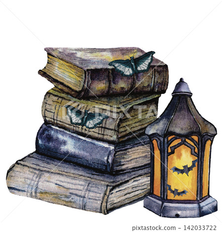 Gothic Books, Lantern and Vintage Halloween Still Life Watercolor Illustration Gothic Books, Lantern and Vintage Halloween Still Life Watercolor Illustration 142033722
