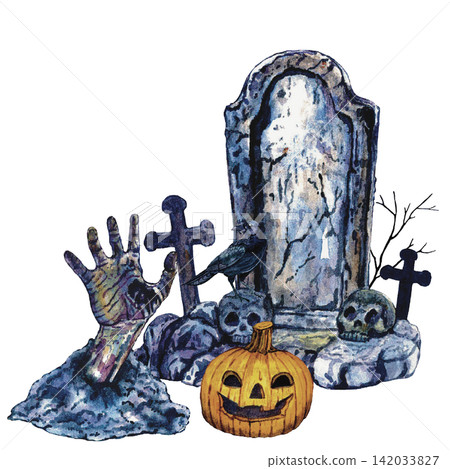 Haunted Cemetery with Tombstone and Pumpkin Watercolor Halloween Illustration Haunted Cemetery with Tombstone and Pumpkin Watercolor Halloween Illustration 142033827