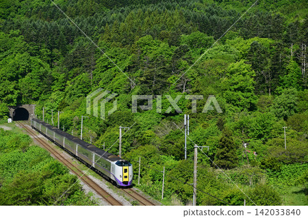 The Kiha 261 series "Hokuto" limited express train runs along the Muroran Main Line amidst the fresh greenery of spring. The Kiha 261 series "Hokuto" limited express train runs along the Muroran Main Line amidst the fresh greenery of spring. 142033840