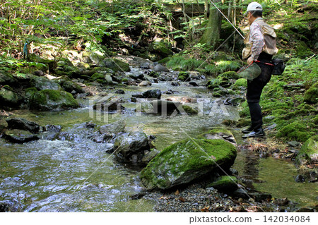 A fisherman fishing in the Kurosakaishi River, a tributary of the Watarase River. A fisherman fishing in the Kurosakaishi River, a tributary of the Watarase River. 142034084