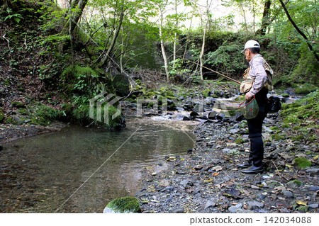A fisherman fishing in the Kurosakaishi River, a tributary of the Watarase River. A fisherman fishing in the Kurosakaishi River, a tributary of the Watarase River. 142034088