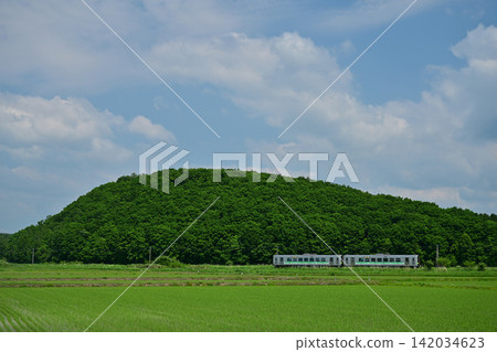 一列H100系列列車在綠樹成蔭的山丘背景下疾駛而過。 一列H100系列列車在綠樹成蔭的山丘背景下疾駛而過。 142034623