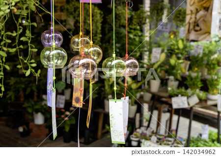 A refreshing scene of Edo-style wind chimes hanging from the eaves of a lush garden center. A refreshing scene of Edo-style wind chimes hanging from the eaves of a lush garden center. 142034962
