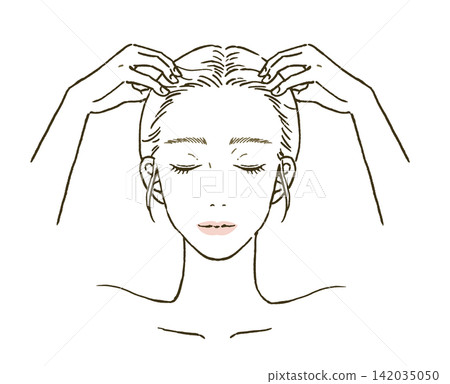 Beauty: Illustration of a woman giving herself a scalp massage. Beauty: Illustration of a woman giving herself a scalp massage. 142035050