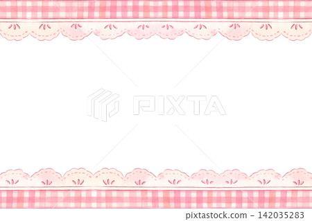 Horizontal frame with pink gingham ribbon and delicate lace. Hand-painted watercolor illustration isolated on white for posters, greeting cards, invitations, stationery, wedding, femine design 142035283