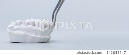 Modern orthodontics concept header: Metal forceps holding transparent plastic retainer on teeth cast. Wide dental clinic background. Modern orthodontics concept header: Metal forceps holding transparent plastic retainer on teeth cast. Wide dental clinic background. 142035347