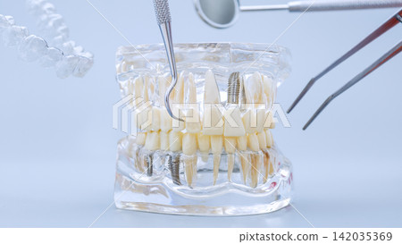 Futuristic dentistry concept: Floating orthodontic aligner and diagnostic instruments around a clear jaw model. Futuristic dentistry concept: Floating orthodontic aligner and diagnostic instruments around a clear jaw model. 142035369