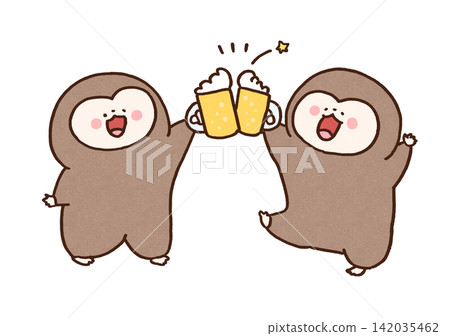Two monkeys happily toast with beer mugs (at a drinking party). Two monkeys happily toast with beer mugs (at a drinking party). 142035462