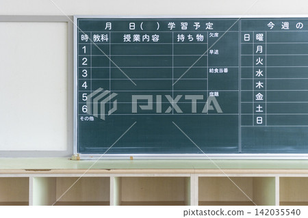 老式日本小學(或初中)教室後部的黑板和儲物櫃(書架)的特寫鏡頭。 老式日本小學(或初中)教室後部的黑板和儲物櫃(書架)的特寫鏡頭。 142035540