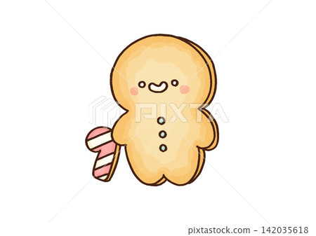 Gingerbread man cookie holding a candy cane (Christmas treat) Gingerbread man cookie holding a candy cane (Christmas treat) 142035618